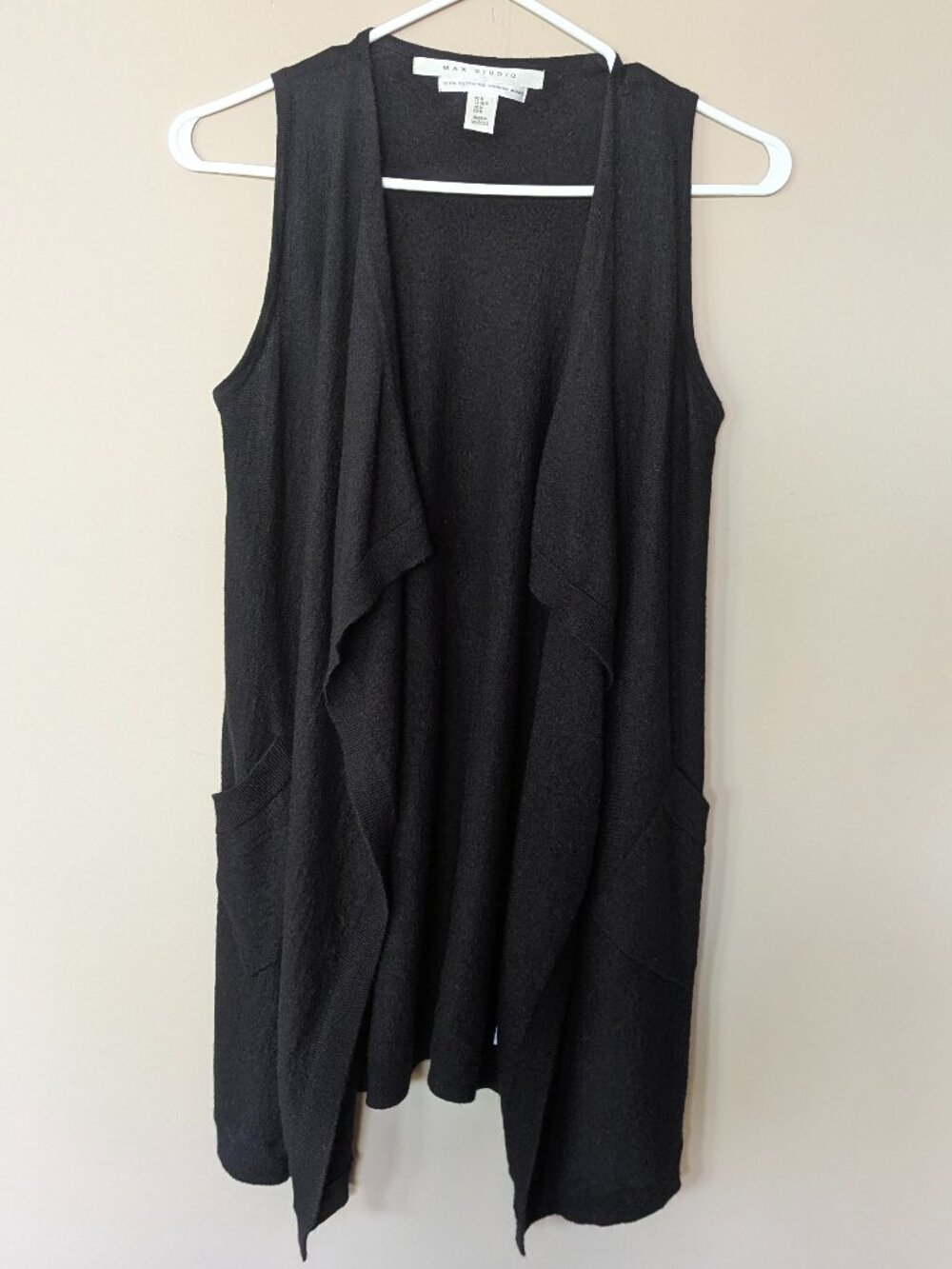 Max Studio 100% extrafine Merino Wool drapped open-front long cardigan vest